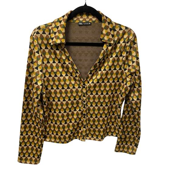 Zara Button Front Lowcut Collared Retro Geometric Print Knit Top Womens Large - Picture 1 of 6